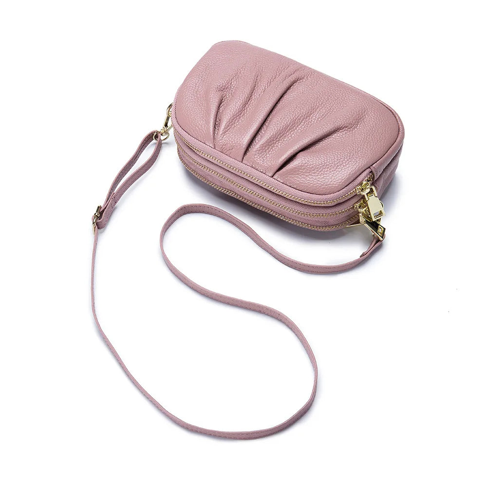 Genuine Leather Triple Zipper Crossbody Messenger Bag-Handbags-Pink-Free Shipping Leatheretro