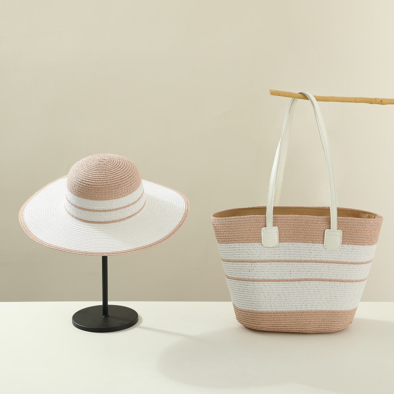 Handmade Designer Beach Straw Hat and Bag Set for Women-Tote Bag-Pink-Free Shipping Leatheretro
