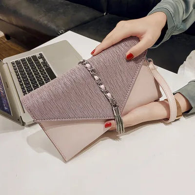 PU leather Tassels ladies Women Shoulder Bag - Envelope Clutches Purse-Clutch-Pink-Free Shipping Leatheretro