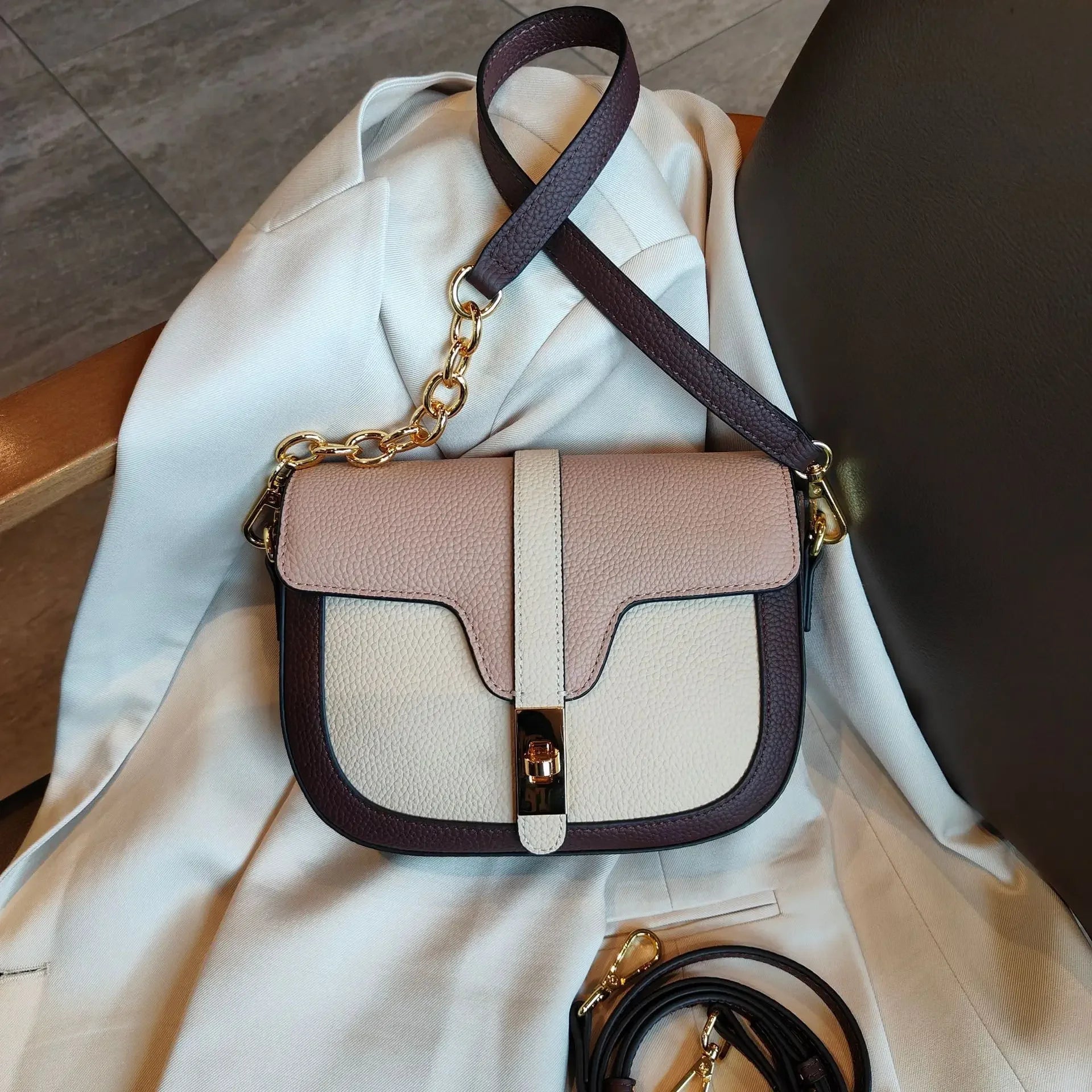 Women Luxury First Layer Saddle Bag - Compact Shoulder Crossbody Bags-Crossbody Bag-Pink Beige-Free Shipping Leatheretro