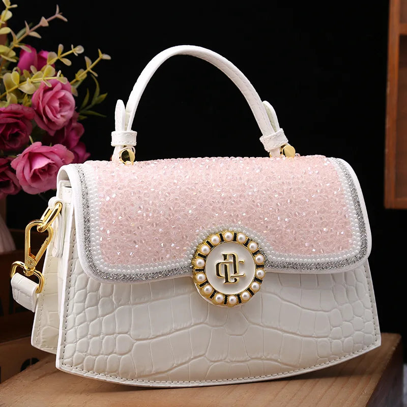 Crocodile Pattern Genuine Leather Women's Handbags - Portable Shell Tote Bags-Handbags-Pink with white-Free Shipping Leatheretro