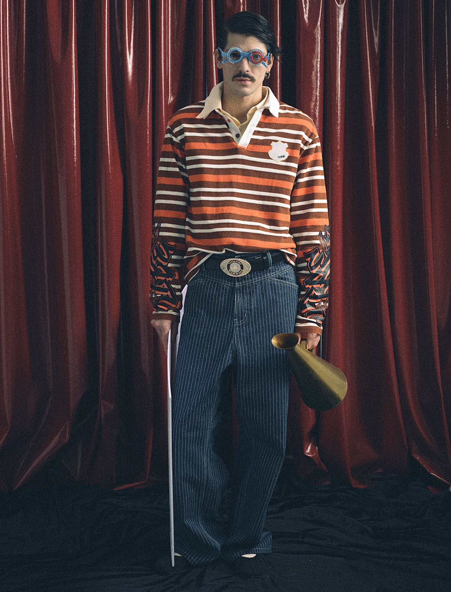 TRECLUB Badge Patch Graphic-Sleeves Striped Long-Sleeve Polo-L/S Tee-S-Free Shipping Leatheretro