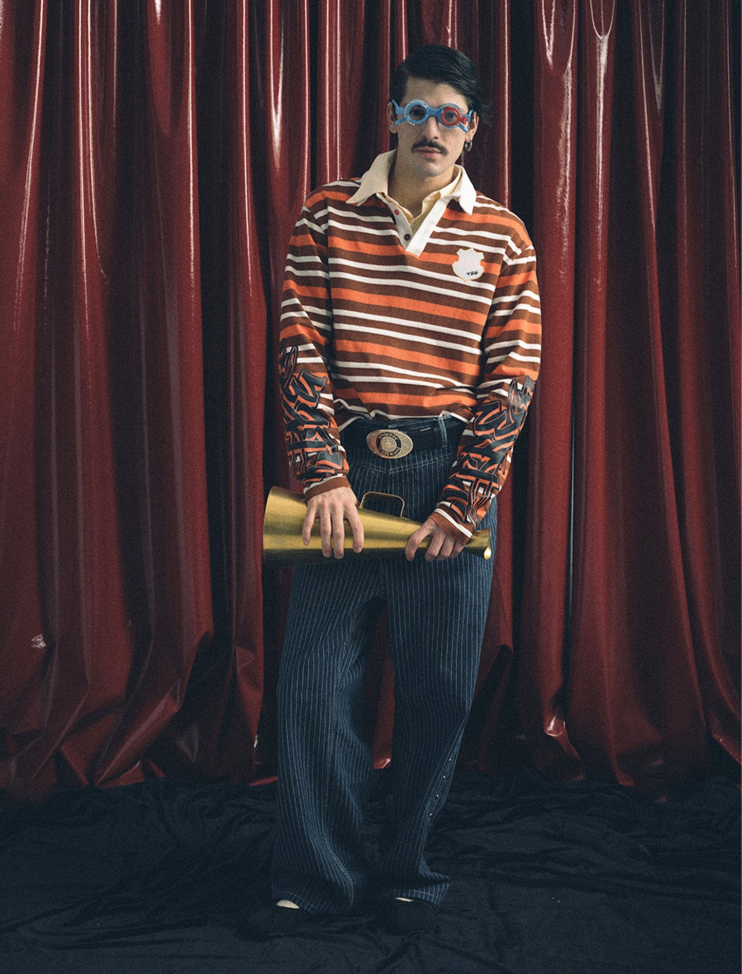 TRECLUB Badge Patch Graphic-Sleeves Striped Long-Sleeve Polo-L/S Tee-S-Free Shipping Leatheretro