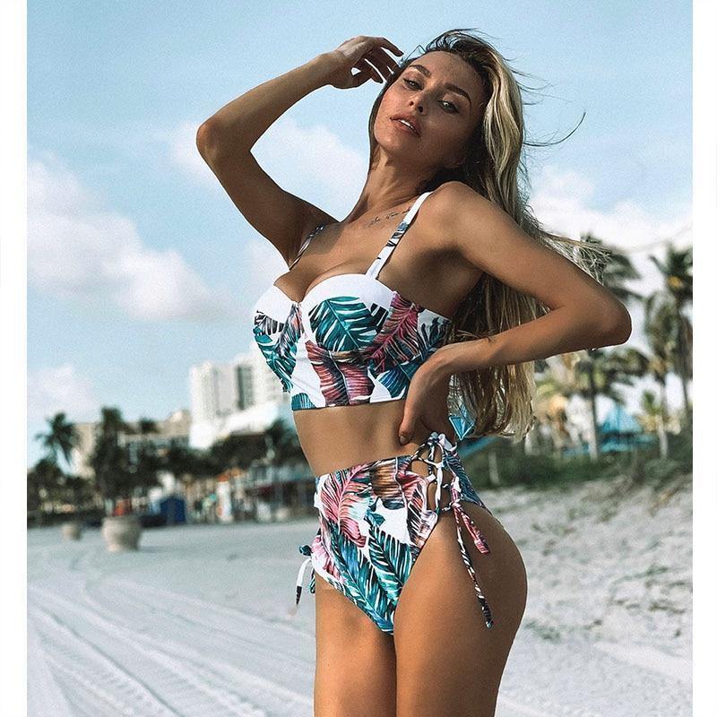 High Waist Floral Two Pieces Swimsuit-Women Swimwear-TZ18042DP-L-Free Shipping Leatheretro