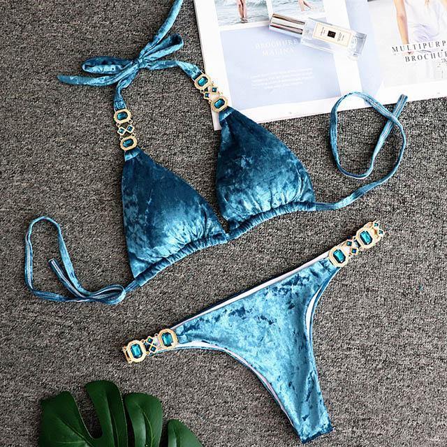 Women Bikinis Crystal Diamond Bikini Set-Women Swimwear-B392Blue-L-Free Shipping Leatheretro