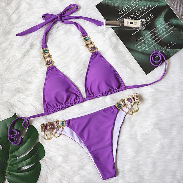 Women Bikinis Crystal Diamond Bikini Set-Women Swimwear-B093Purple-L-Free Shipping Leatheretro