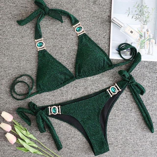 Women Bikinis Crystal Diamond Bikini Set-Women Swimwear-B093Shiny-Green-L-Free Shipping Leatheretro