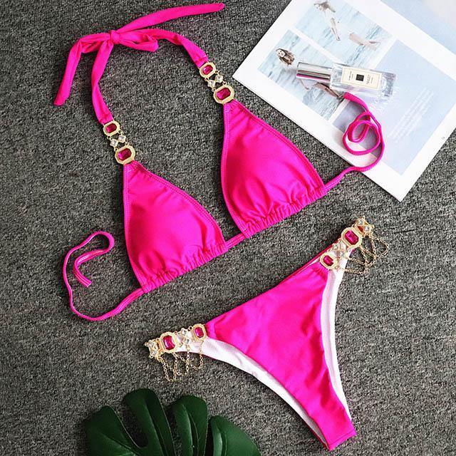 Women Bikinis Crystal Diamond Bikini Set-Women Swimwear-B093Rose-L-Free Shipping Leatheretro