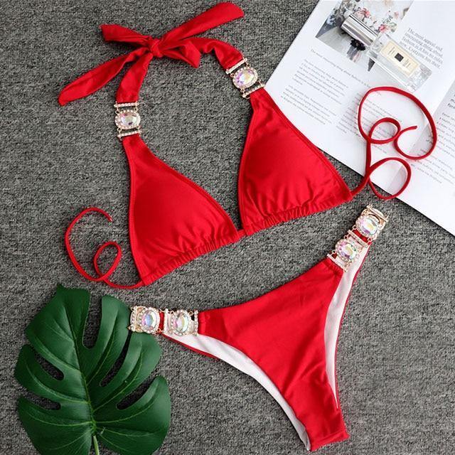 Women Bikinis Crystal Diamond Bikini Set-Women Swimwear-B093Red-L-Free Shipping Leatheretro