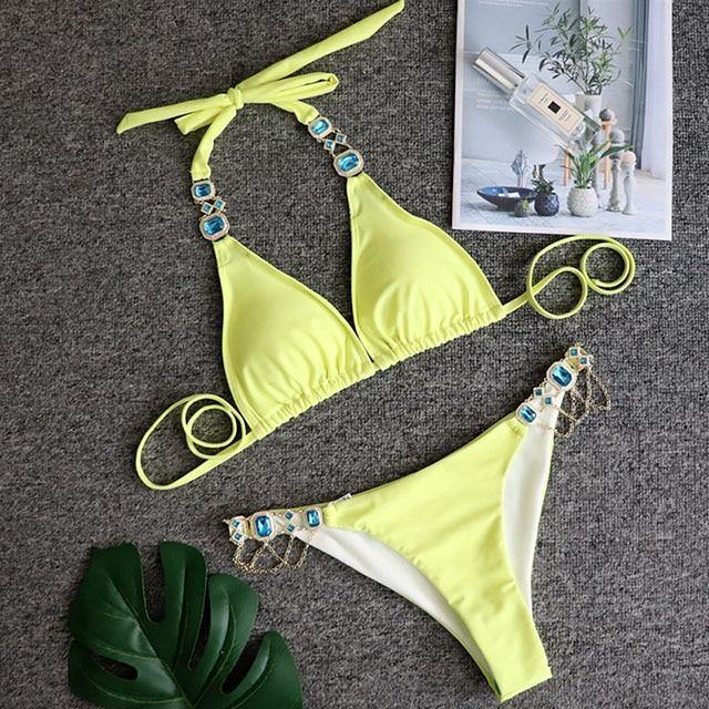 Women Bikinis Crystal Diamond Bikini Set-Women Swimwear-B093Yellow-L-Free Shipping Leatheretro