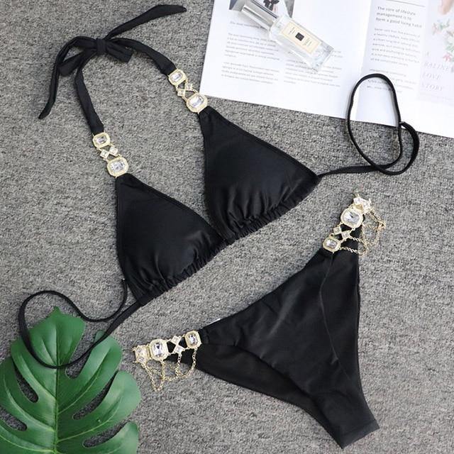 Women Bikinis Crystal Diamond Bikini Set-Women Swimwear-B093Black-L-Free Shipping Leatheretro