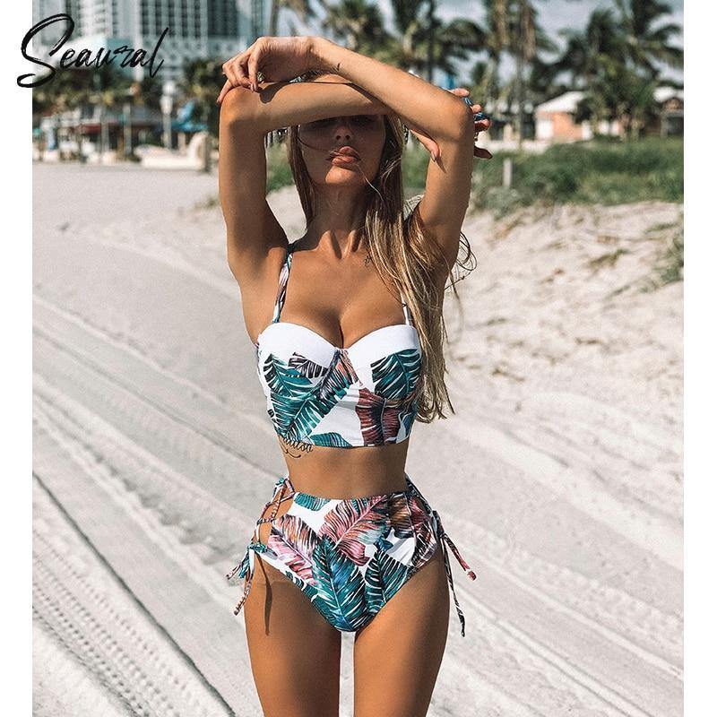 High Waist Floral Two Pieces Swimsuit-Women Swimwear-TZ18042DP-L-Free Shipping Leatheretro