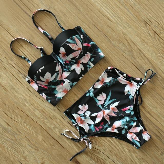 High Waist Floral Two Pieces Swimsuit-Women Swimwear-TZ18042DP-L-Free Shipping Leatheretro