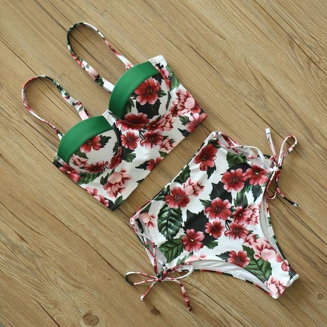 High Waist Floral Two Pieces Swimsuit-Women Swimwear-TZ18042WG-M-Free Shipping Leatheretro