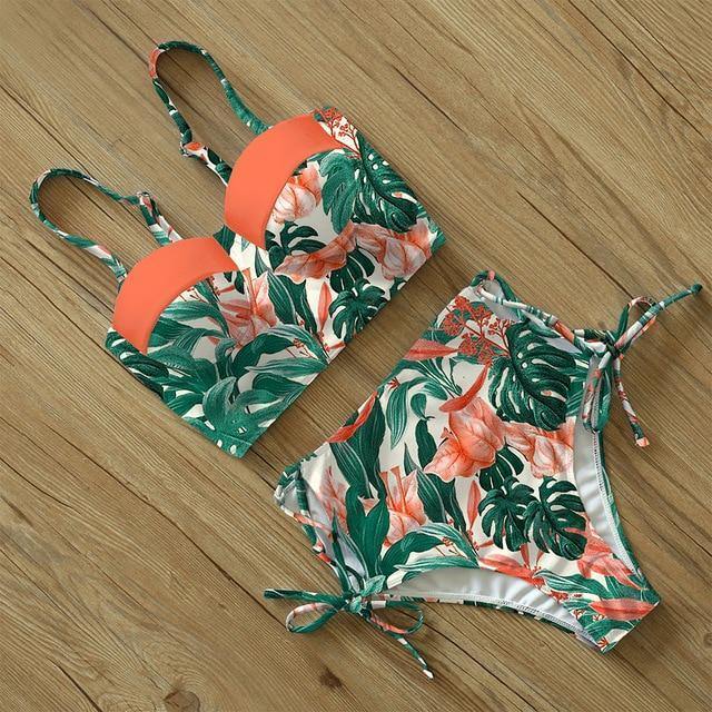 High Waist Floral Two Pieces Swimsuit-Women Swimwear-TZ18042G9-S-Free Shipping Leatheretro