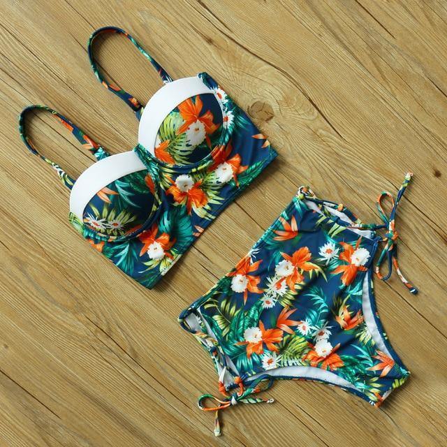 High Waist Floral Two Pieces Swimsuit-Women Swimwear-TZ18042BO-S-Free Shipping Leatheretro