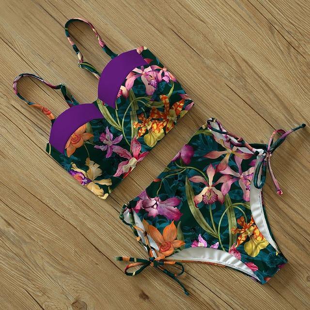 High Waist Floral Two Pieces Swimsuit-Women Swimwear-TZ18042LZ-M-Free Shipping Leatheretro