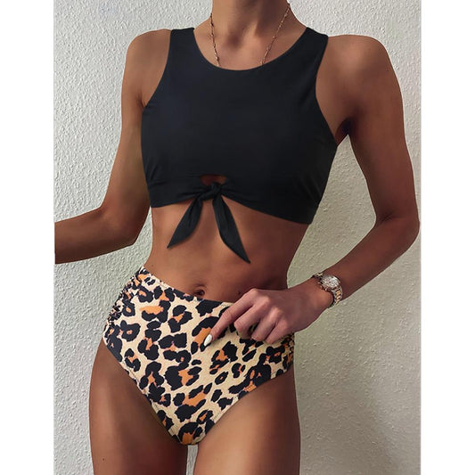 High Waist Bikini Leopard Floral Swimsuit-Women Swimwear-B3735LP-S-Free Shipping Leatheretro