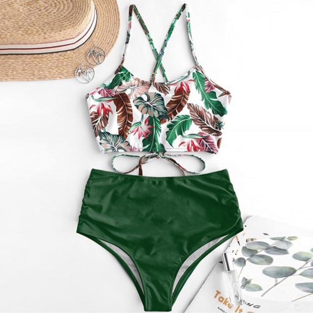 High Waist Bikini Leopard Floral Swimsuit-Women Swimwear-B3735LP-S-Free Shipping Leatheretro