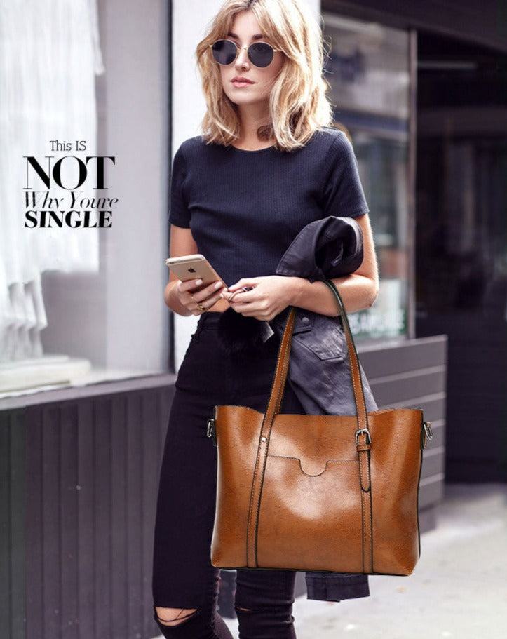 Oil Wax Leather Women Shoulder Bag-Handbags-Black-Free Shipping Leatheretro