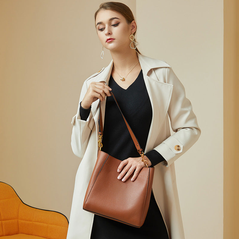 Genuine Leather Large Bucket Shoulder Bag-Handbags-Brown-Free Shipping Leatheretro