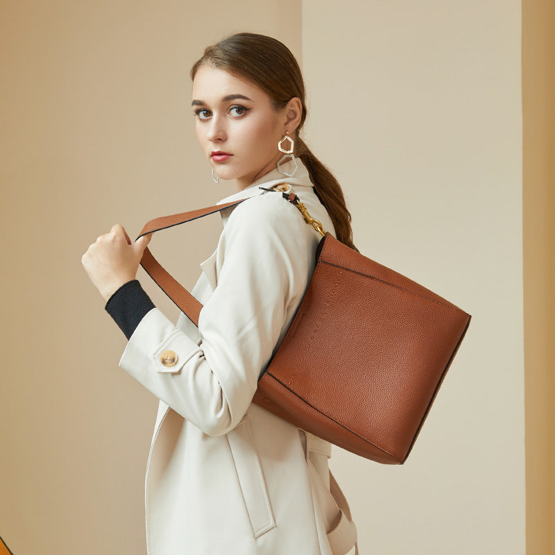 Genuine Leather Large Bucket Shoulder Bag-Handbags-Brown-Free Shipping Leatheretro