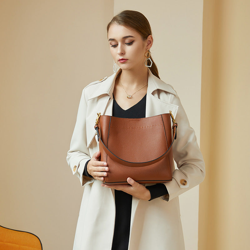 Genuine Leather Large Bucket Shoulder Bag-Handbags-Brown-Free Shipping Leatheretro