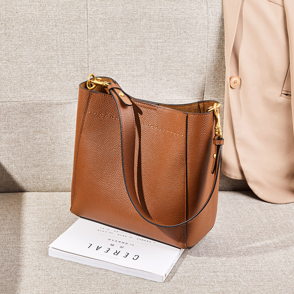 Genuine Leather Large Bucket Shoulder Bag-Handbags-Brown-Free Shipping Leatheretro