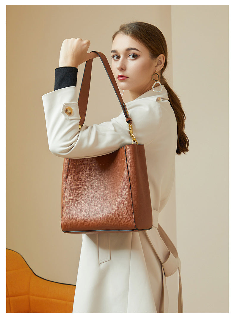 Genuine Leather Large Bucket Shoulder Bag-Handbags-Brown-Free Shipping Leatheretro