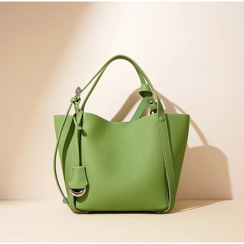 Genuine Leather Large Capacity Women's Bucket Handbag-Handbags-Green-Free Shipping Leatheretro