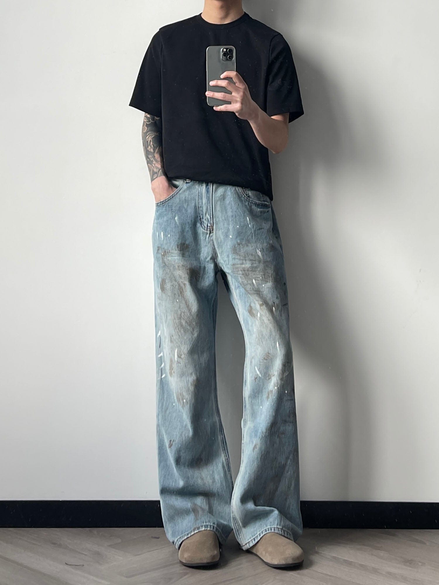 OKAYTHXBYE Paint-Splattered Distressed Jeans-Jeans-S-Blue-Free Shipping Leatheretro