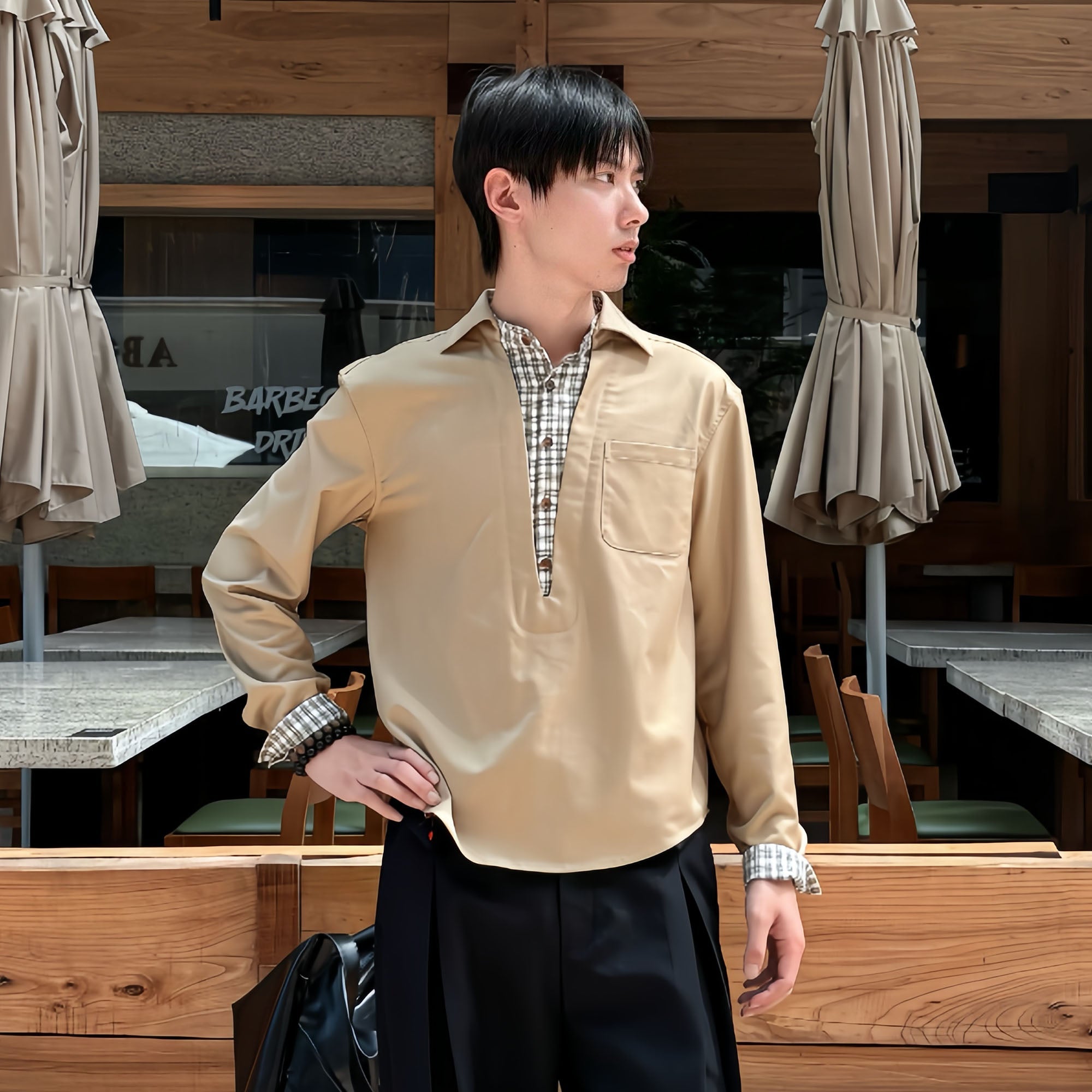 KREATE Faux Layered Plaid V-Neck Shirt-Shirt-S-Free Shipping Leatheretro