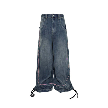 PCCVISION Contrast Stitch Embroidered Washed Jeans-Jeans-S-Free Shipping Leatheretro