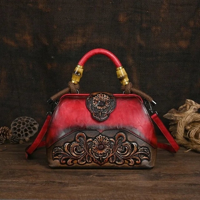 Women Leather Handmade Luxury Shoulder Handbag - Vintage Carved Ladies Bag-Red-Free Shipping Leatheretro