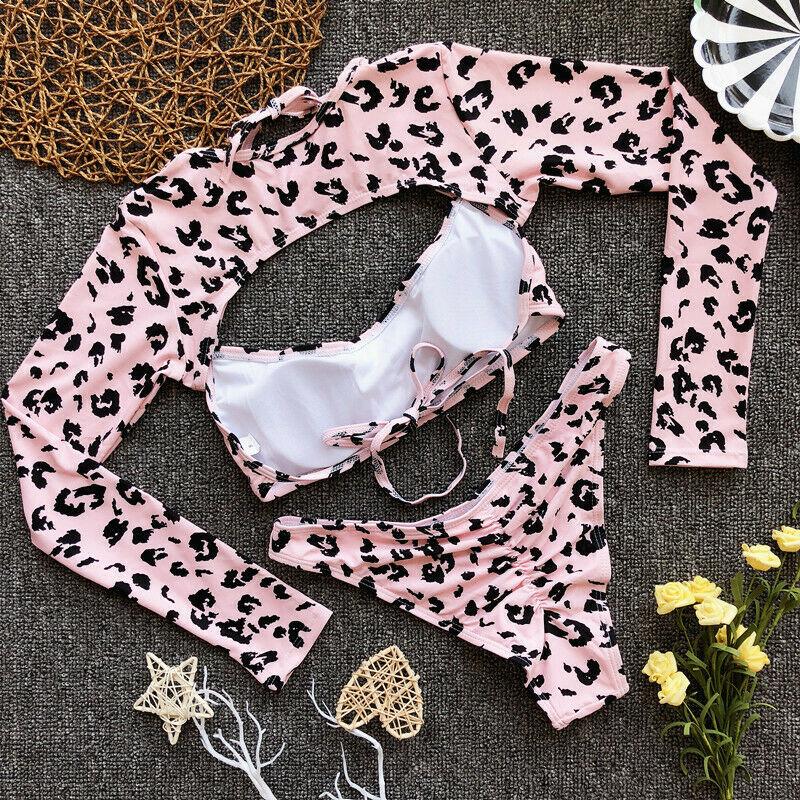 Long Sleeves Leopard 3PCS Set Swimwear-Women Swimwear-Pink-S-Free Shipping Leatheretro