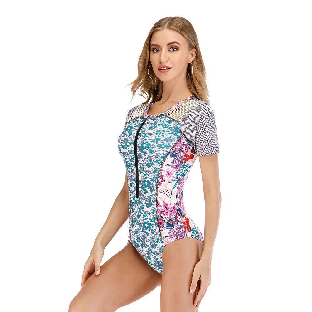 Short Sleeve One Piece Rash Guard Swimwear-Women Swimwear-S-Free Shipping Leatheretro