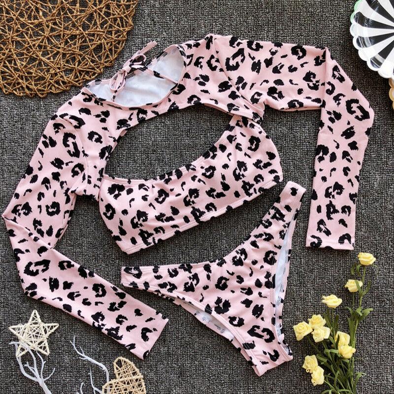 Long Sleeves Leopard 3PCS Set Swimwear-Women Swimwear-Pink-S-Free Shipping Leatheretro