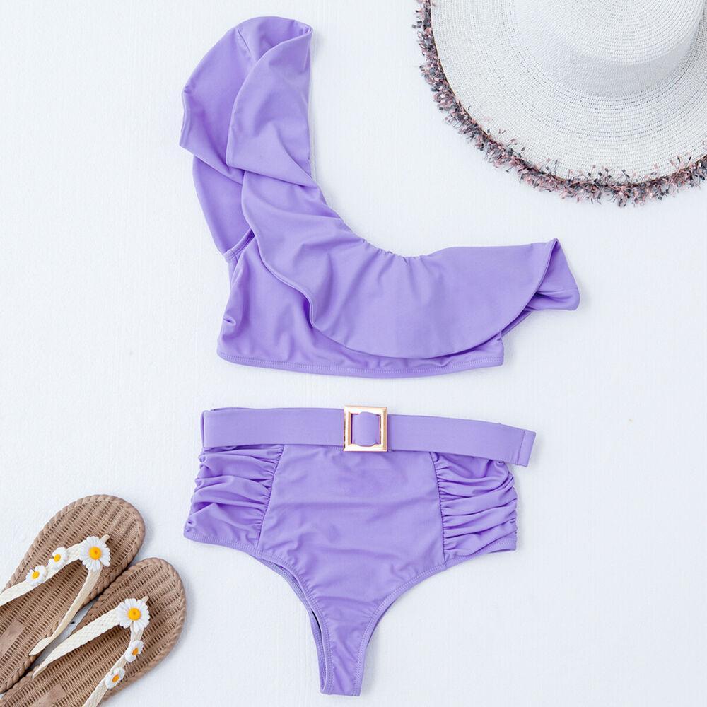 Womens One Shoulder Ruffle Bra Bikini-Women Swimwear-Purple-S-Free Shipping Leatheretro