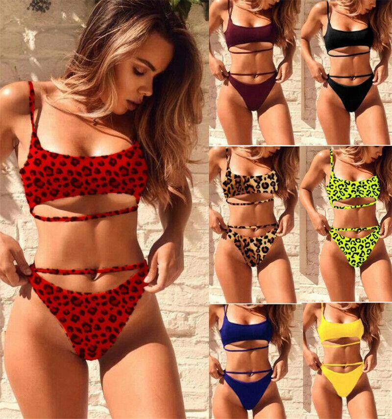 Leopard Print Solid Bikini Set Suits Swimwear-Women Swimwear-Black-S-Free Shipping Leatheretro