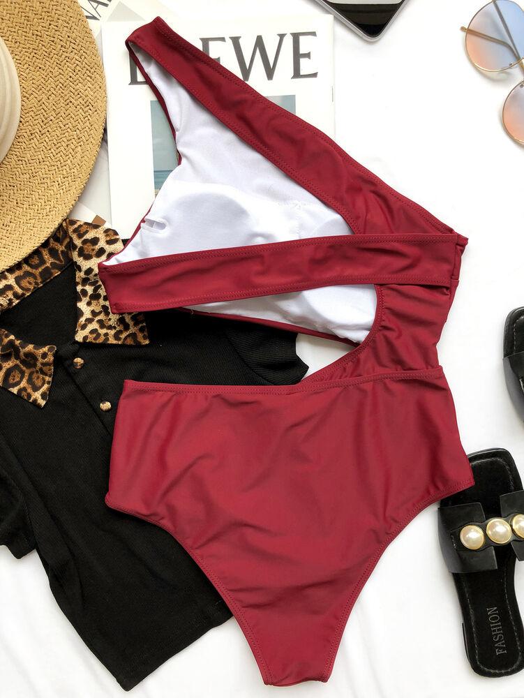 Sexy One Shoulder One Piece Monokini-Women Swimwear-Wine Red-S-Free Shipping Leatheretro