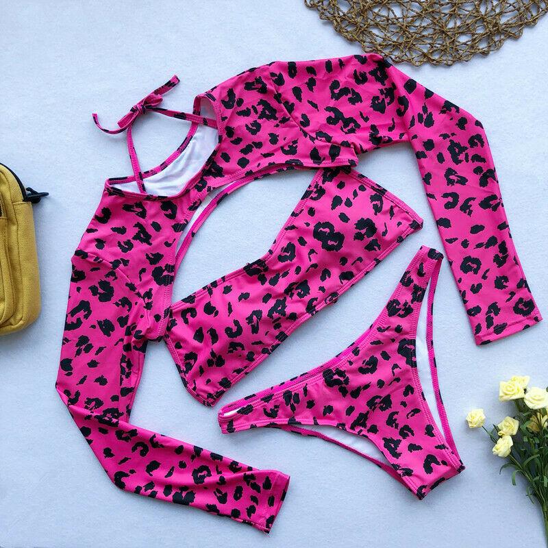 Long Sleeves Leopard 3PCS Set Swimwear-Women Swimwear-Pink-S-Free Shipping Leatheretro