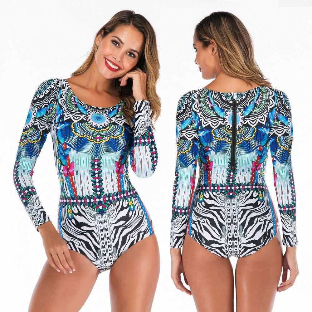 Sexy Long Sleeve Zip Back One Piece Swimsuit-Women Swimwear-S-Blue-Free Shipping Leatheretro