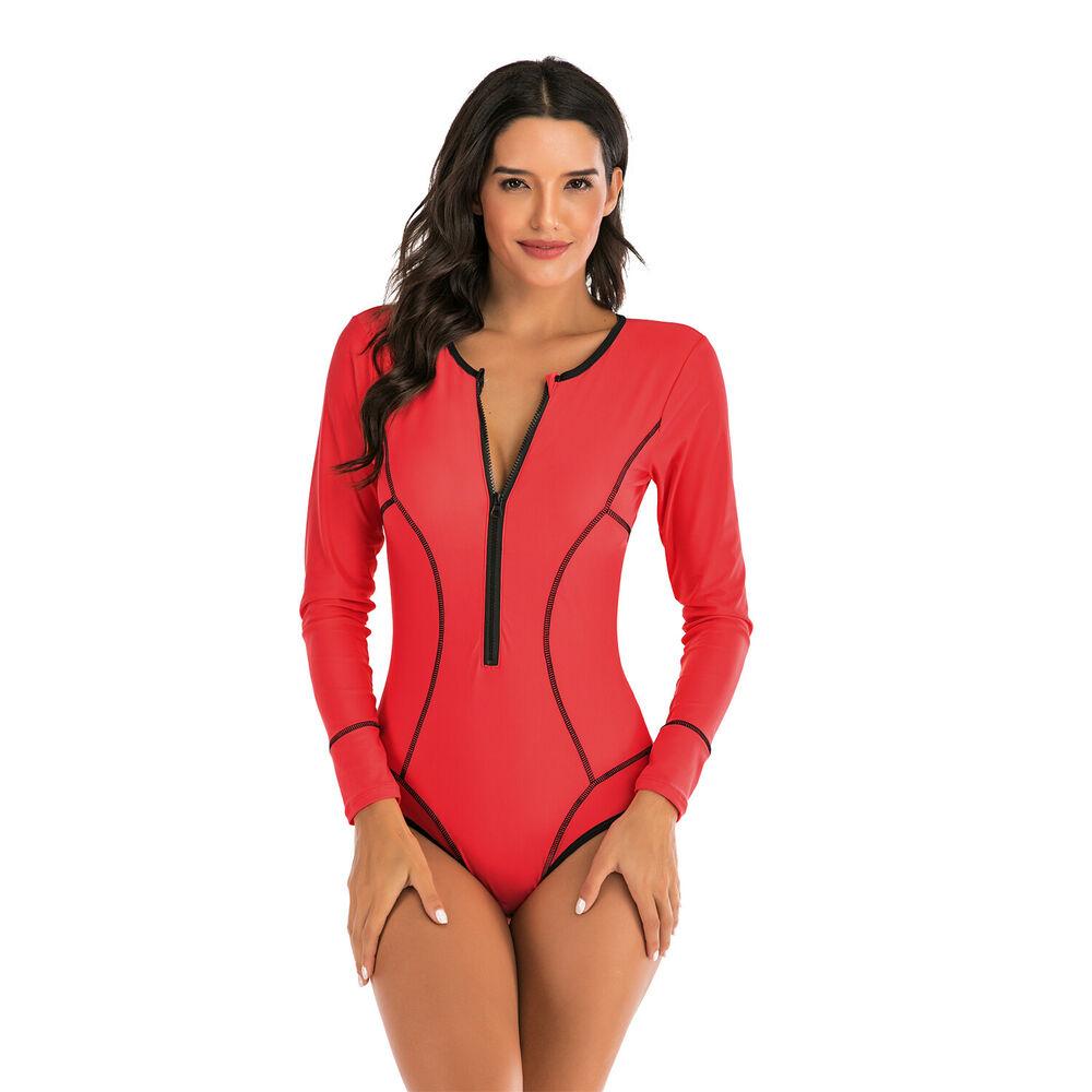 Red Long Sleeves One Piece Swimsuit-Women Swimwear-S-Free Shipping Leatheretro