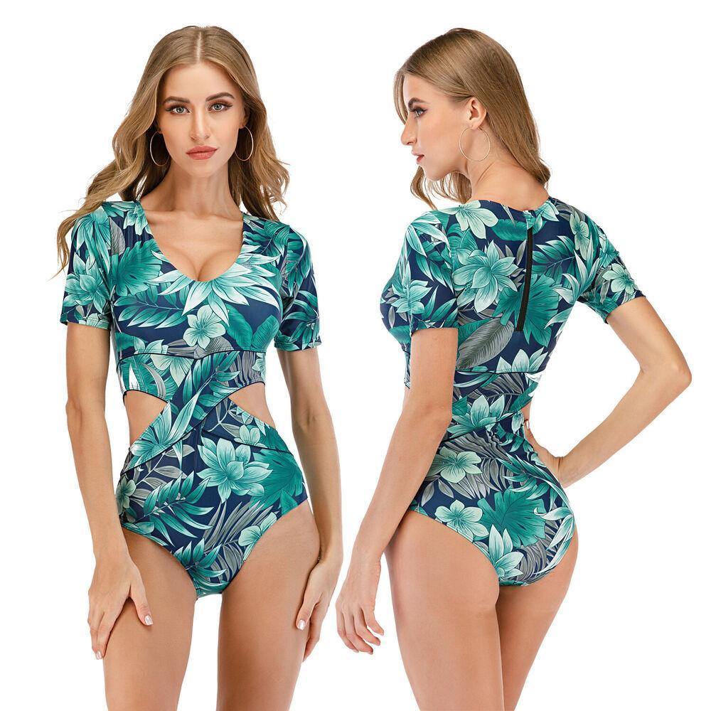 Surf Floral Short Sleeve One Piece Swimwear-Women Swimwear-S-Free Shipping Leatheretro