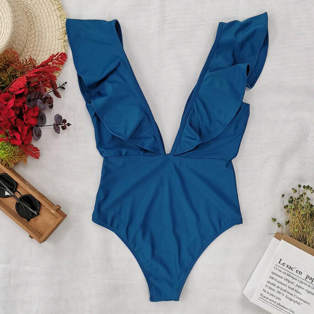 Ruffle Swimsuit One Piece Bikini-Women Swimwear-Blue-S-Free Shipping Leatheretro