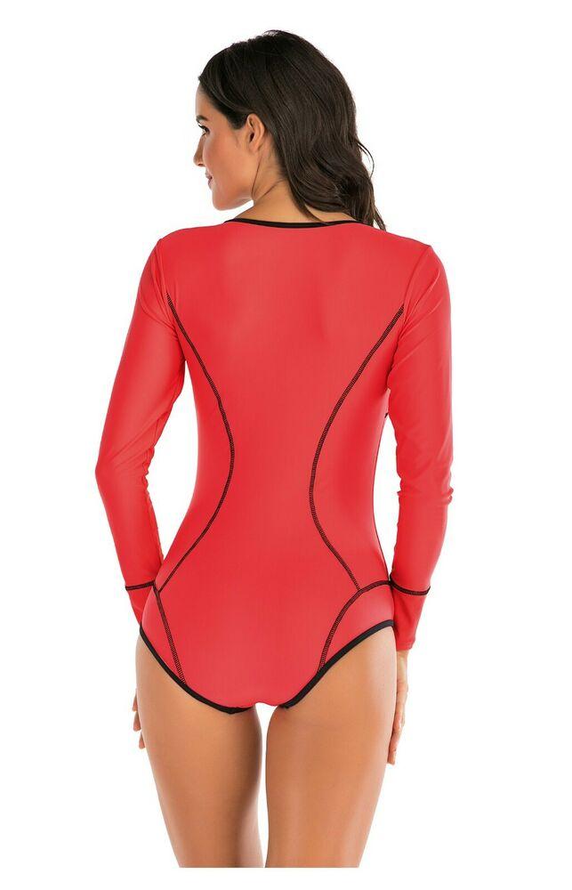 Red Long Sleeves One Piece Swimsuit-Women Swimwear-S-Free Shipping Leatheretro