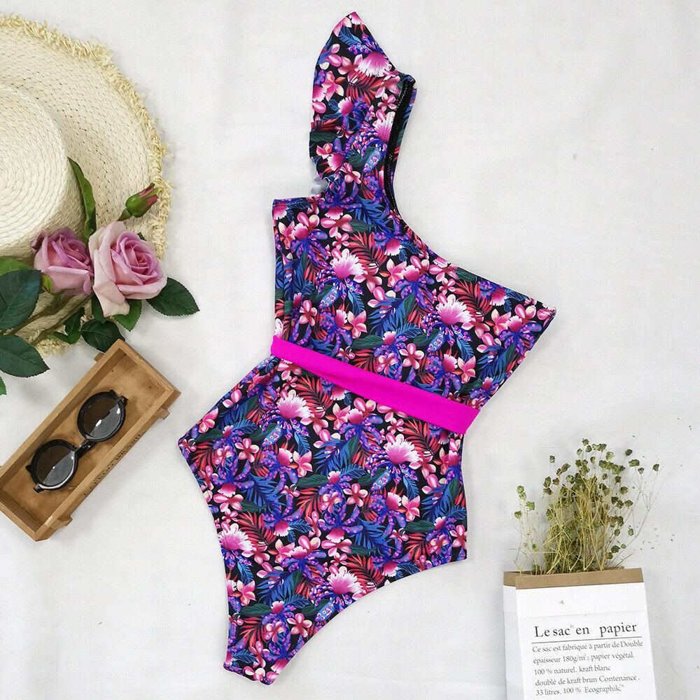 One Shoulder Swimwear Monokini Bikini-Women Swimwear-Flower#1-S-Free Shipping Leatheretro