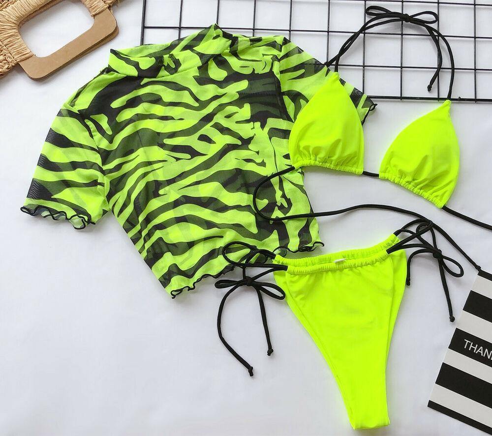 3PCS Women's Leopard Beach Bikini-Women Swimwear-Green-S-Free Shipping Leatheretro