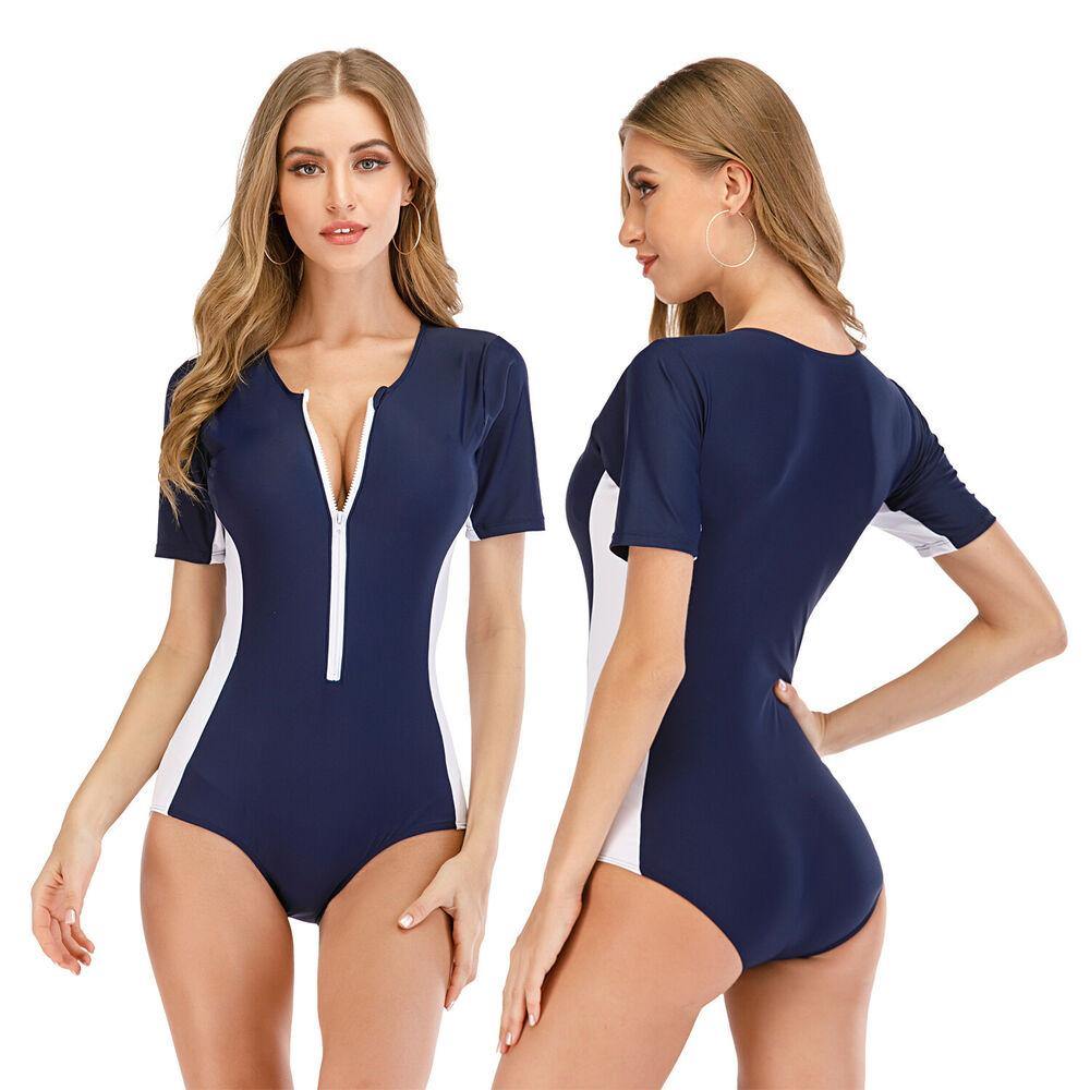 Short Sleeve One Piece Rash Guard Swimwear-Women Swimwear-S-Black+Pink-Free Shipping Leatheretro