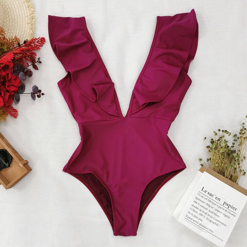 Ruffle Swimsuit One Piece Bikini-Women Swimwear-Wine Red-S-Free Shipping Leatheretro